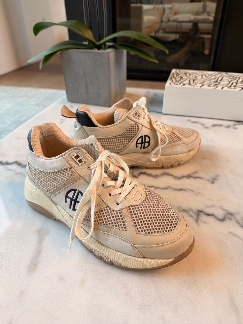 Anine Bing Cream & Tan Mesh Leather Athletic Sneakers